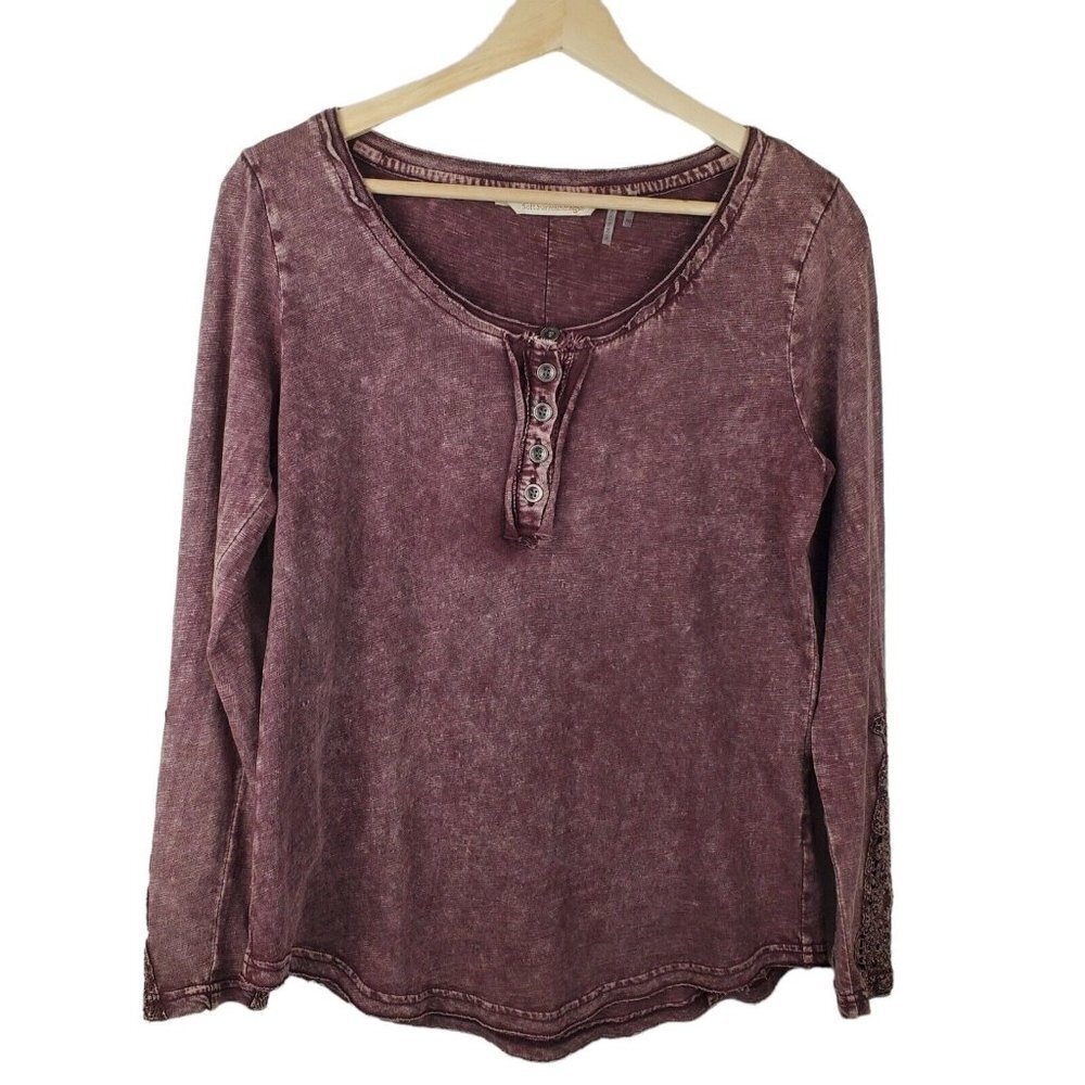 Soft Surroundings XS Petite maroon acid wash long sleeve wrist lace cut out